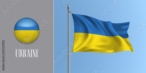 Ukraine waving flag on flagpole and round icon vector illustration