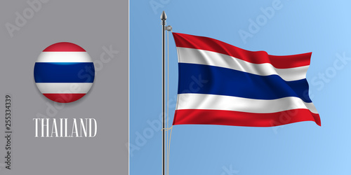 Thailand waving flag on flagpole and round icon vector illustration