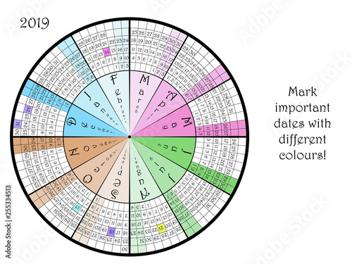 2019 year calendar. Circular calendar and organizer.