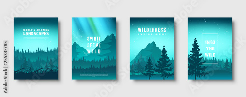 Mountains and forest. Wild nature landscape. Travel and adventure.Panorama. Into the woods. Horizon line.Trees,fog. Vector illustration.