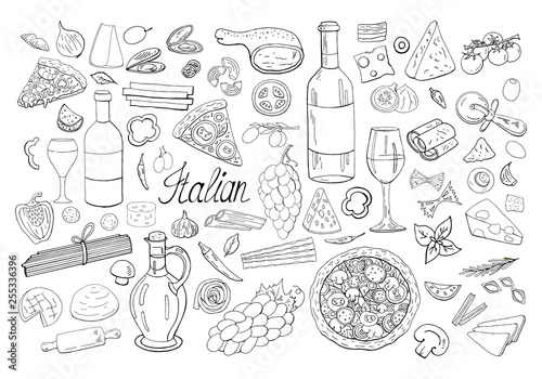 Big hand drawn italian food collection isolated on white background. Vector italian pizza, wine, cheese set.