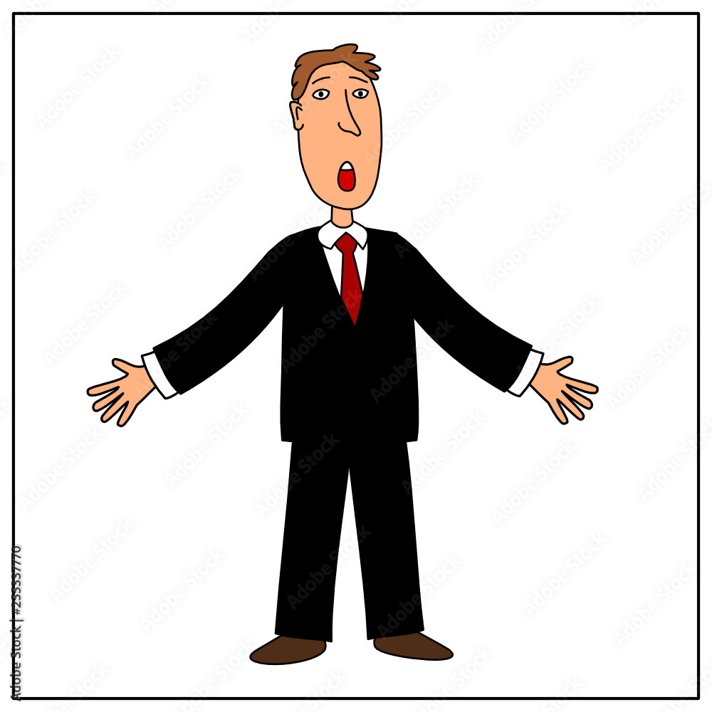 Businessman in cartoon style stands bewildered with arms outstretched isolated on white background. Businessman in cartoon style stands bewildered with arms outstretched isolated on white background.