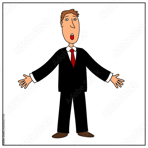 Businessman in cartoon style stands bewildered with arms outstretched isolated on white background.