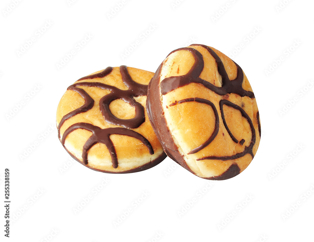 Donuts with chocolate strips isolated on a white background D.oughnut with chocolate filling. Berlina de xocolate. Donuts with chocolate strips isolated on a white background D.oughnut with chocolate filling. Berlina de xocolate.