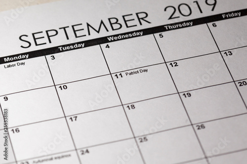 Patriot day in selective focus on the simple September 2019 calendar.