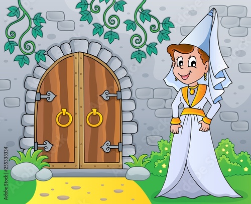 Medieval lady by old door theme image 1