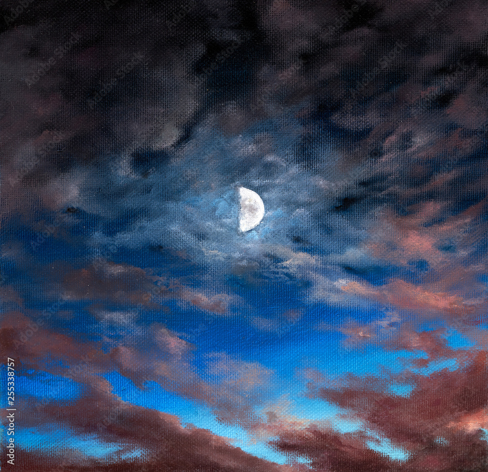 Original oil painting on canvas of cloudy night sky and moon Original oil painting on canvas of cloudy night sky and moon