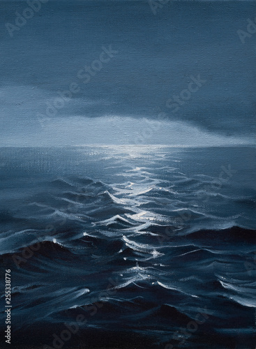 Original oil painting of sea and cloudy sky at night on canvas photo