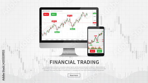 Desktop and smartphone with financial trade charts vector illustration. Candlestick trading graph (forex market) webpage concept.