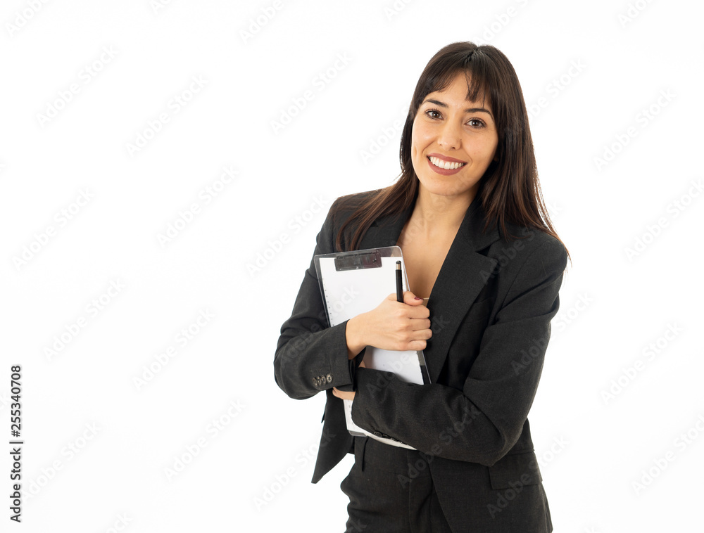 Portrait of a young beautiful and confident business woman smiling. Isolated on white background. Portrait of a young beautiful and confident business woman smiling. Isolated on white background.