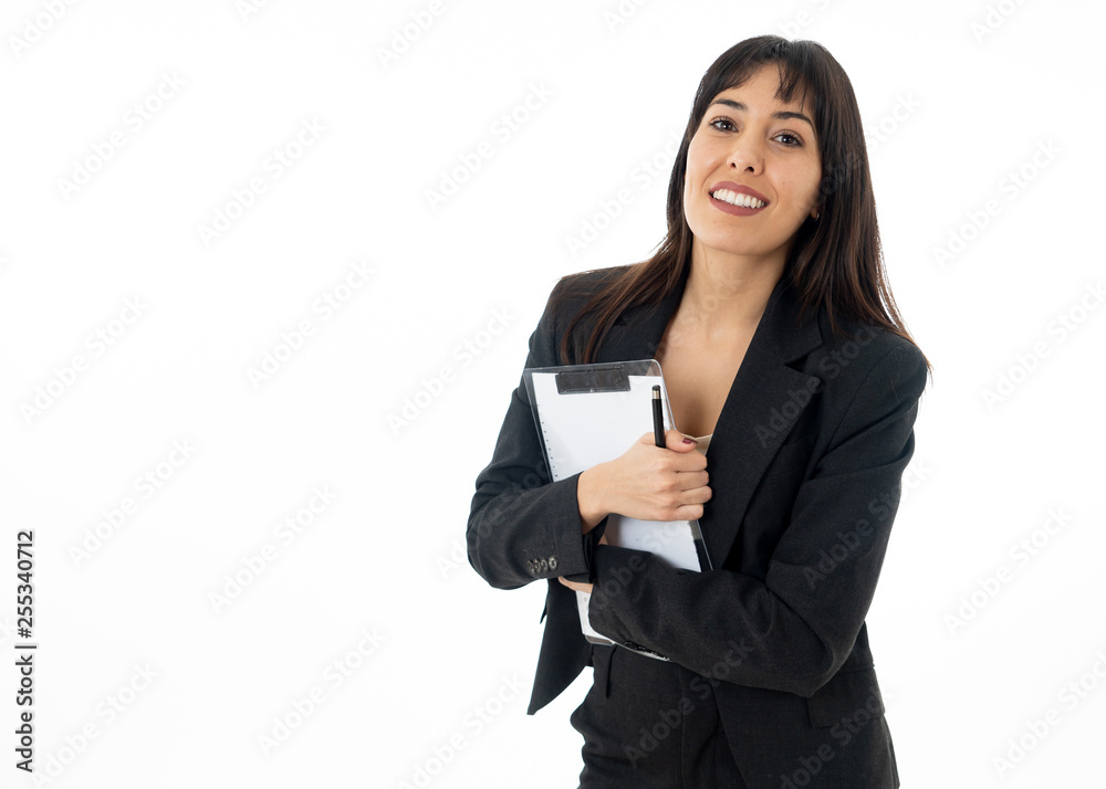 Portrait of a young beautiful and confident business woman smiling. Isolated on white background. Portrait of a young beautiful and confident business woman smiling. Isolated on white background.