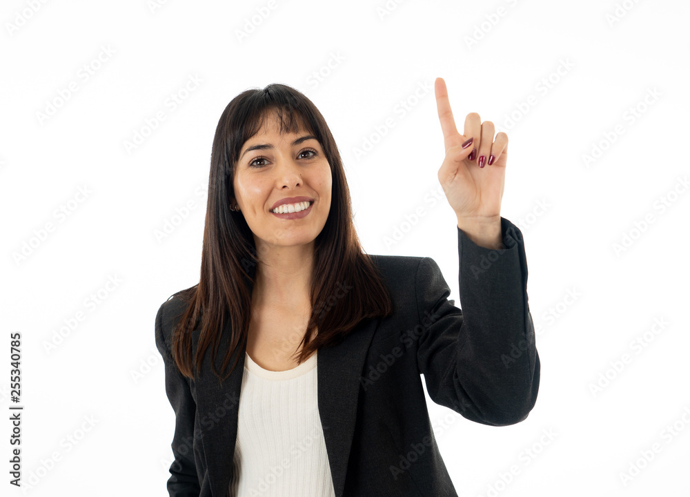 Portrait of a young beautiful and confident business woman pointing as touching virtual screen Portrait of a young beautiful and confident business woman pointing as touching virtual screen