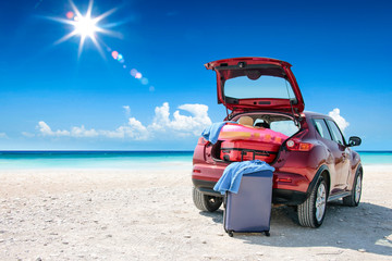 Summer car on beach and sea landscape 
