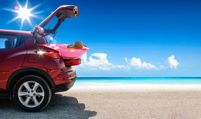 Summer car on beach and sea landscape 