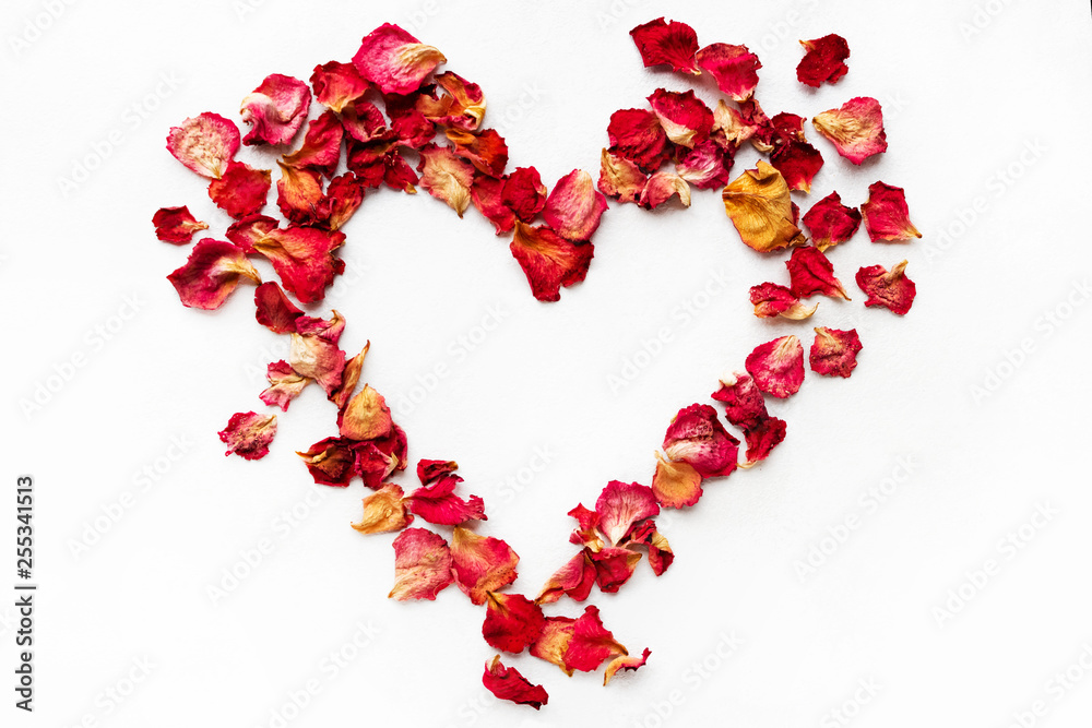 Heart made of rose petals. Red rose petals heart over white background