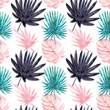 Beach cheerful seamless pattern wallpaper of tropical dark colorful leaves of palm trees on a white background