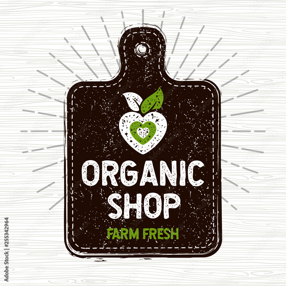 Plakat Logo sklepu ekologicznego, etykieta gospodarstwa świeżej żywności, deska do krojenia, promienie, drewno, elementy, godło dla sklepu ekologicznego, restauracji, produktów ekologicznych Stockowa ilustracja wektorowa