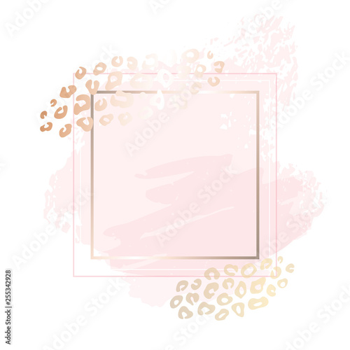 Golden pink blank nude art frames. Card design, brush stroke, lines, points, gold, premium brochure flyer, invitation template. Beauty identity elegant style, golden exotic leopard animal skin texture