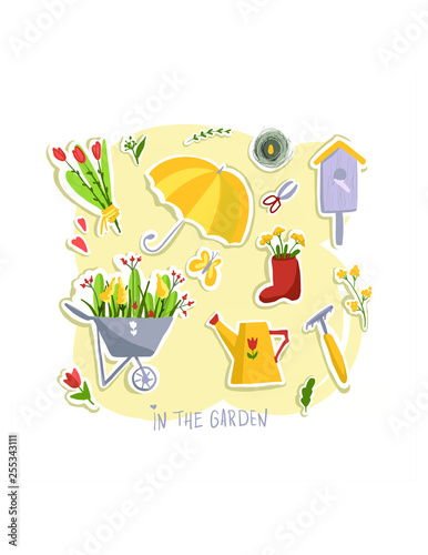 Spring and summer. Work in the garden. Tulips. umbrella. nest. egg. scissors. birdhouse. boot. flowers. rake. watering can. cart with flowers