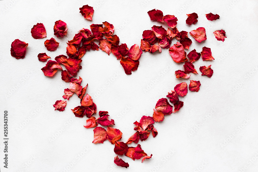 Heart-shaped pink flower petals on white background for postcard