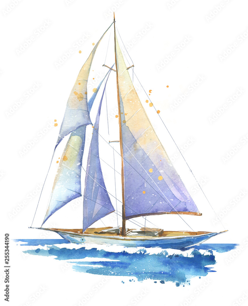 Sailing boat, hand painted watercolor illustration
