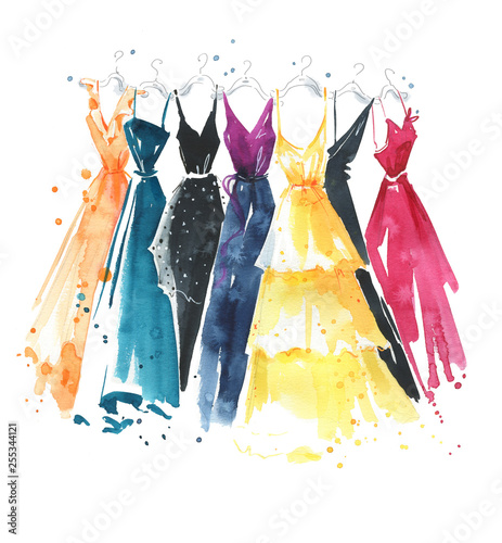 Set of watercolor dresses on hangers, fashion illustration
