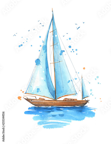 Sailing boat, hand painted watercolor illustration photo