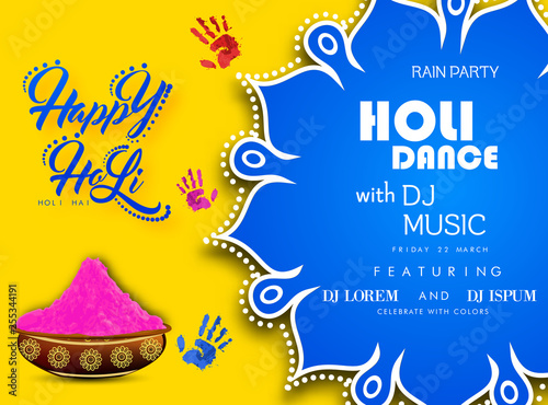 illustration of colorful gulal (powder color) in earthen bowl for Happy Holi Background