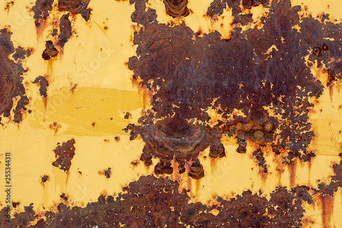 Yellow painted metal surface with rust and scratches as texture or background