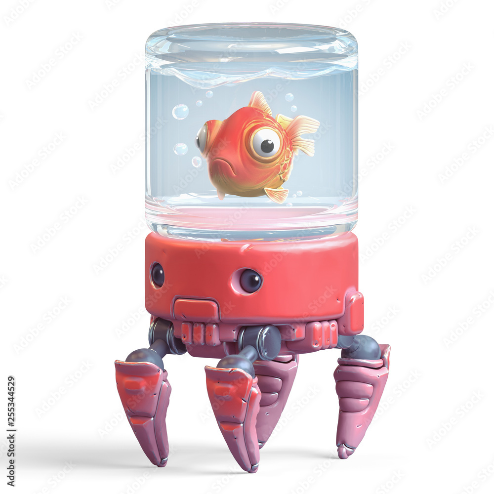 3d cartoon character of a red crab robot with aquarium on his head. Сartoon  goldfish swims