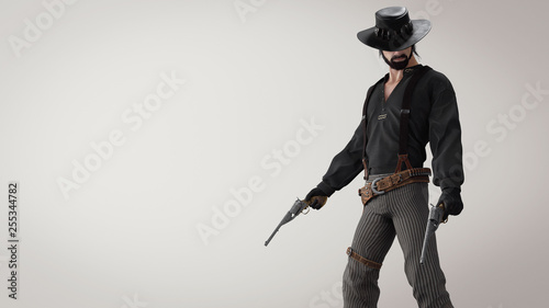 3d illustration of a cowboy standing with two guns on gray background. Cowboy in a black shirt and stripes pants with suspenders. Man with a dark beard in a black leather hat with bullets and holster. photo