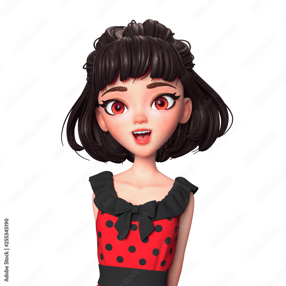 3d cartoon character of a brunette girl with big brown eyes. Beautiful  young teenager happy girl