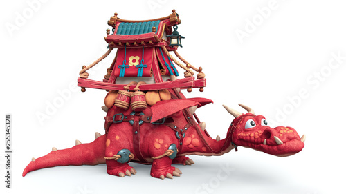 Konstfotografi 3d illustration of an Asian cute red cartoon dragon with traders cart on his back