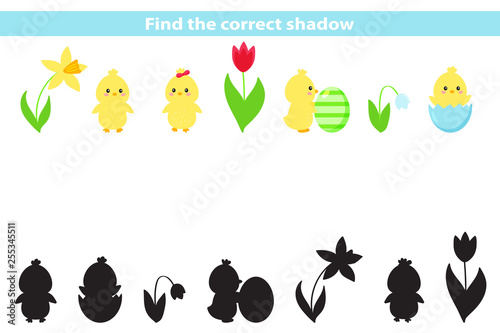 Educational game for preschool kids. Find the right shadow. Vector kawaii chick with spring flowers and Easter egg.