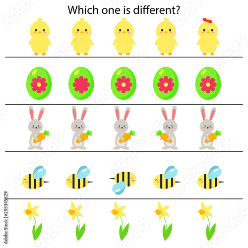 Educational game for preschool kids, which one is different. Spring theme. Vector Easter egg, chick, bunny, flowers and bee.