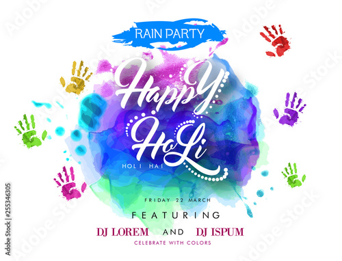 Vector illustration of Holi lettering for Festival of Colors. Celebration colorful greeting calligraphy with splash.