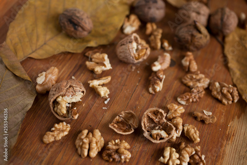 Walnuts on wooden background