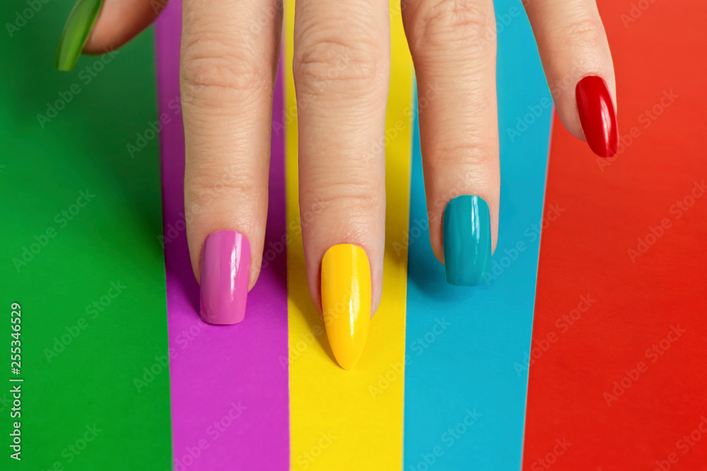Colorful bright manicure with different nail shape,sharp,oval and    creative nail design. Stock Photo | Adobe Stock