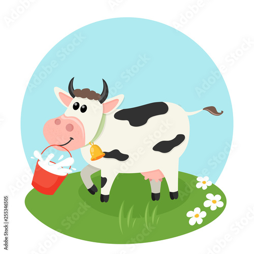 Farm cow with milk bucket