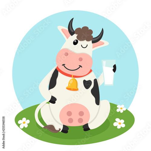 Farm cow with a glass of milk