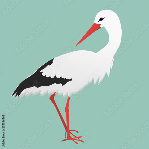 A vector illustration of a white stork. The background is green