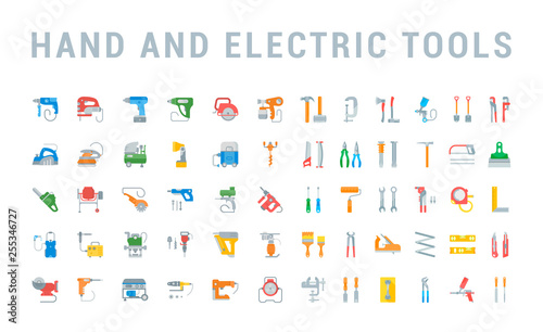 Set Vector Flat Icons of Hand and Electric Tools.