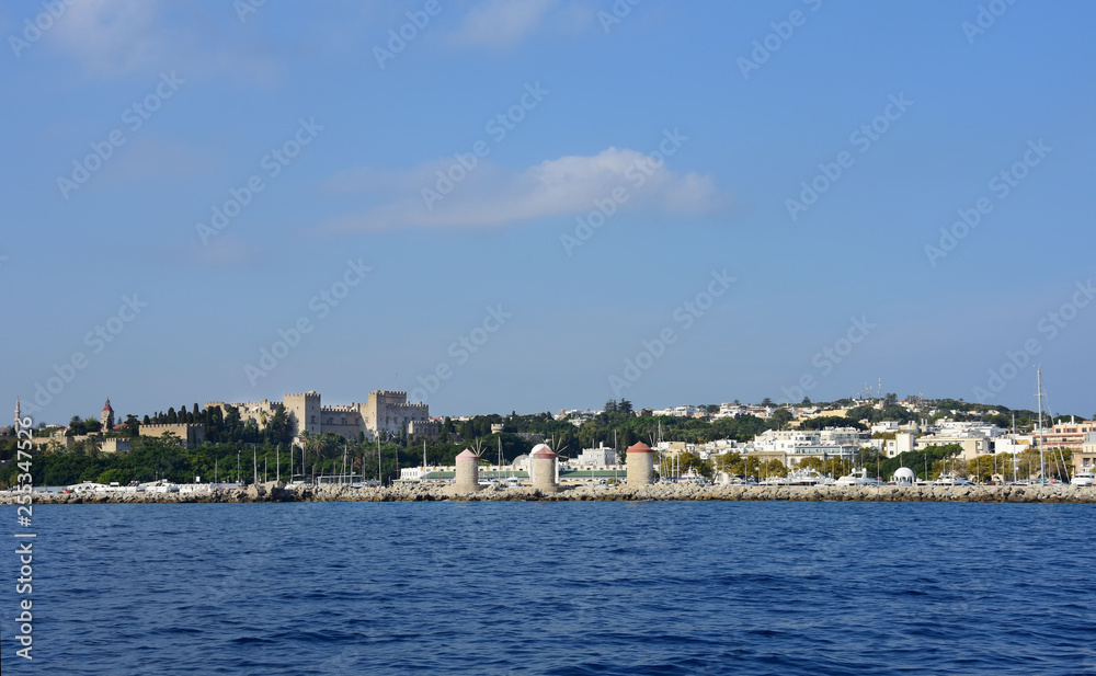 View from the sea to the old town of Rhodes.