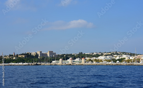 View from the sea to the old town of Rhodes.