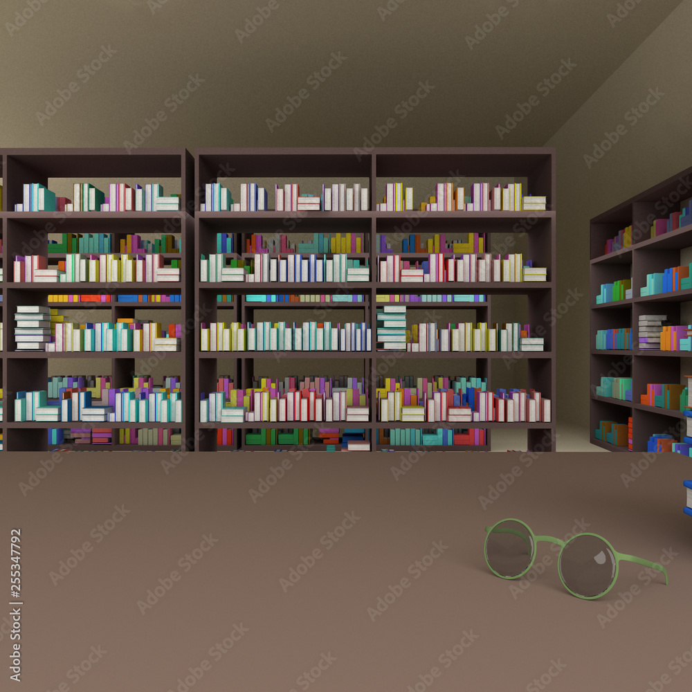 many books on bookshelf and glasses on table ,3D rendering