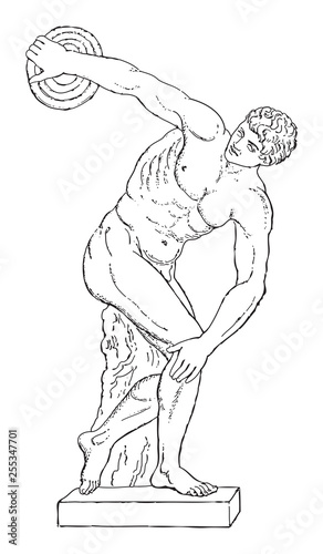 Greek sculpture - Discus thrower by Myron of Eleutherae / vintage illustration from Meyers Konversations-Lexikon 1897