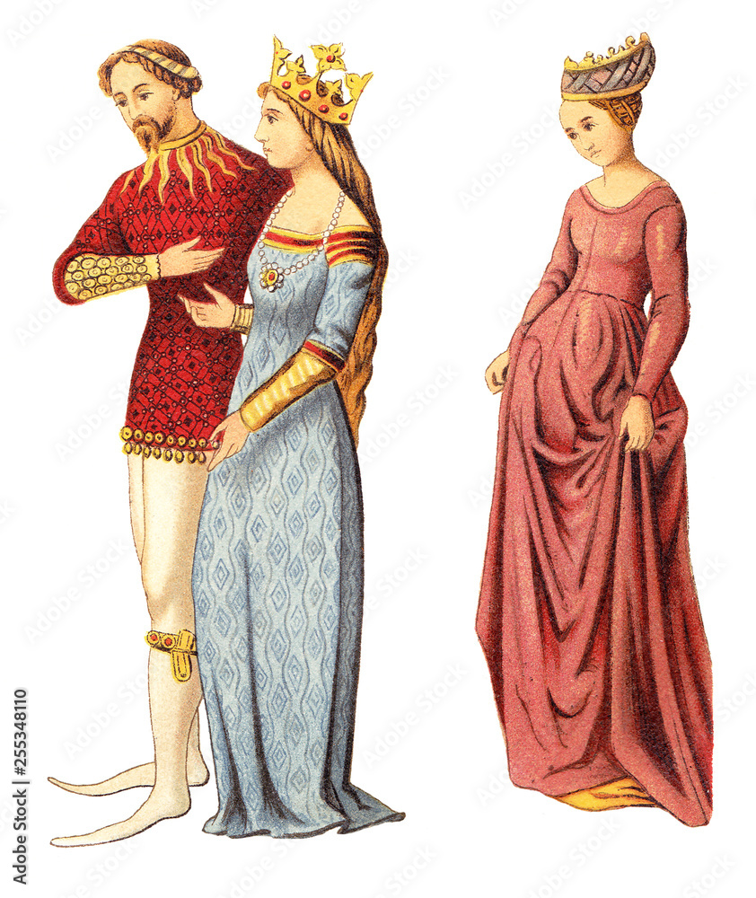 Knight with queen and belgium woman (Late Middle Ages) / vintage illustration from Meyers Konversations-Lexikon 1897
