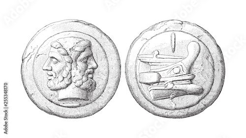 Roman coin / vintage illustration from Meyers Konversations-Lexikon 1897 photo