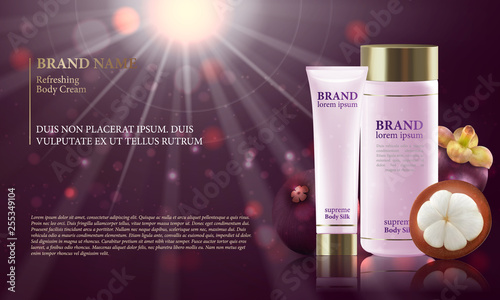 Mangosteen fruit with a bottle of moisturizer purple.vector