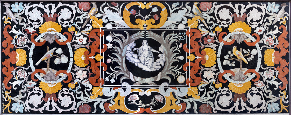 MODENA, ITALY - APRIL 14, 2018: The stone floral mosaic  (Pietra Dura) in church Abbazia di San Pietro by Felice Giannelli (1680 -1690).